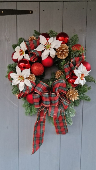 white and red tartan door wreath