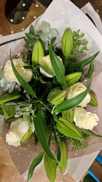 white rose and lily hand tied